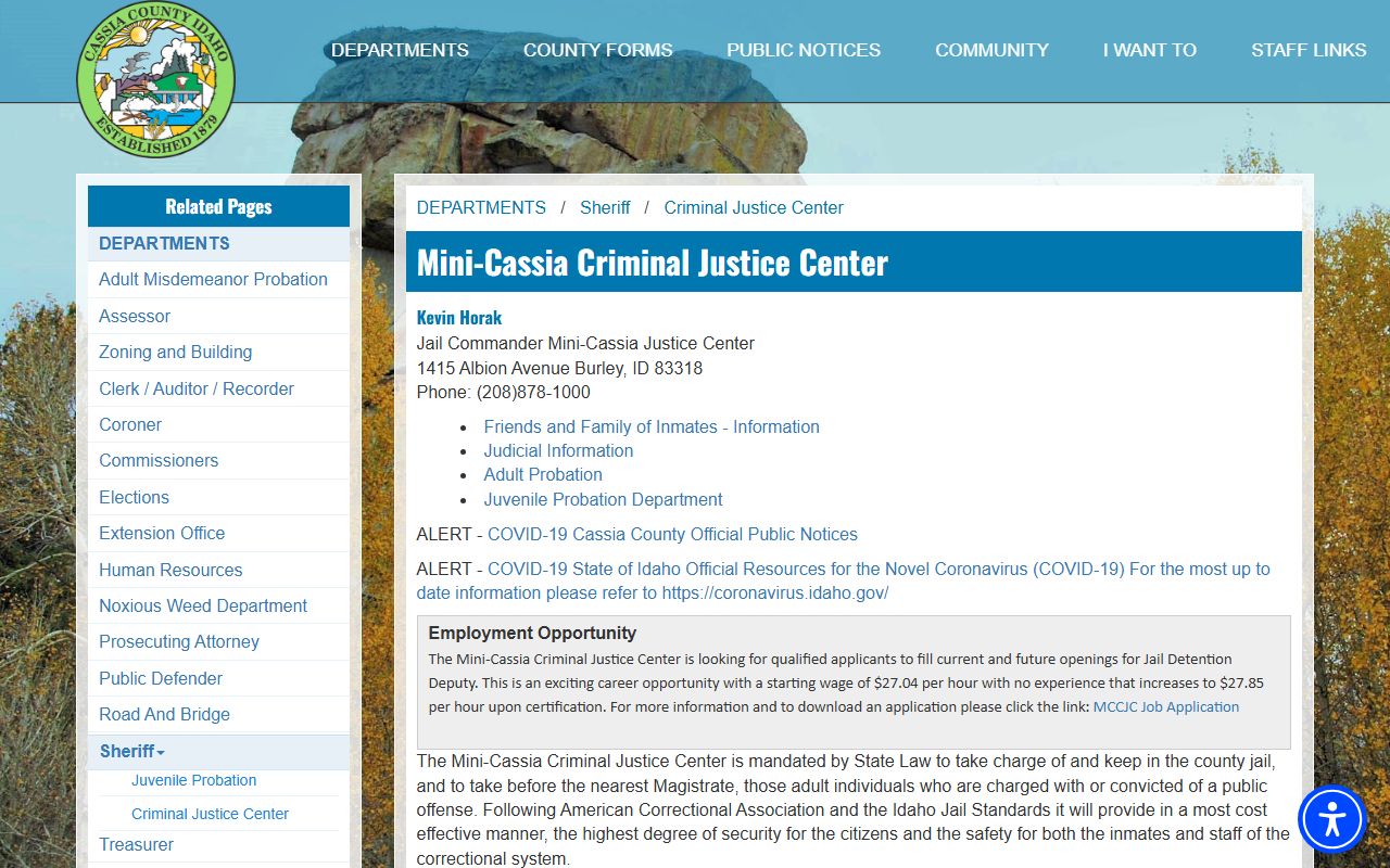 Mini-Cassia Criminal Justice Center official page for Minidoka County adult inmate lookup