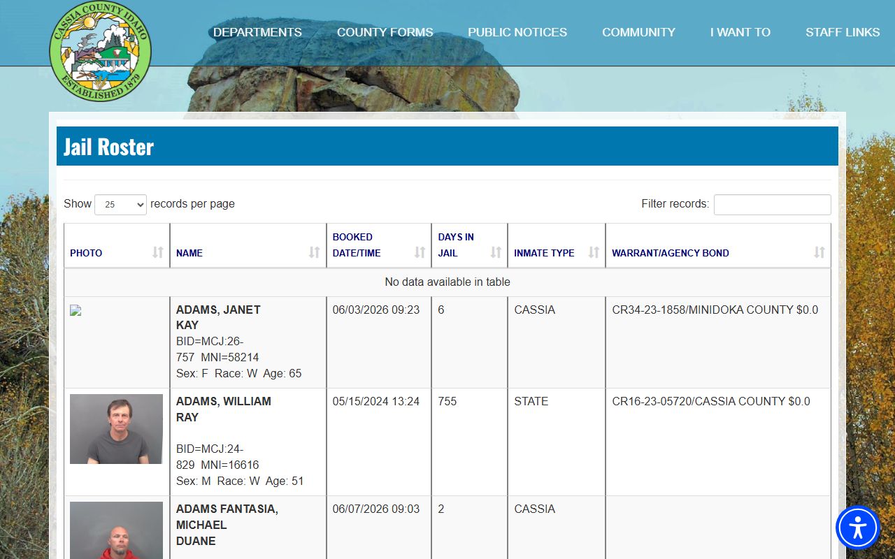 Minidoka County inmate population jail roster fields on the Mini-Cassia roster