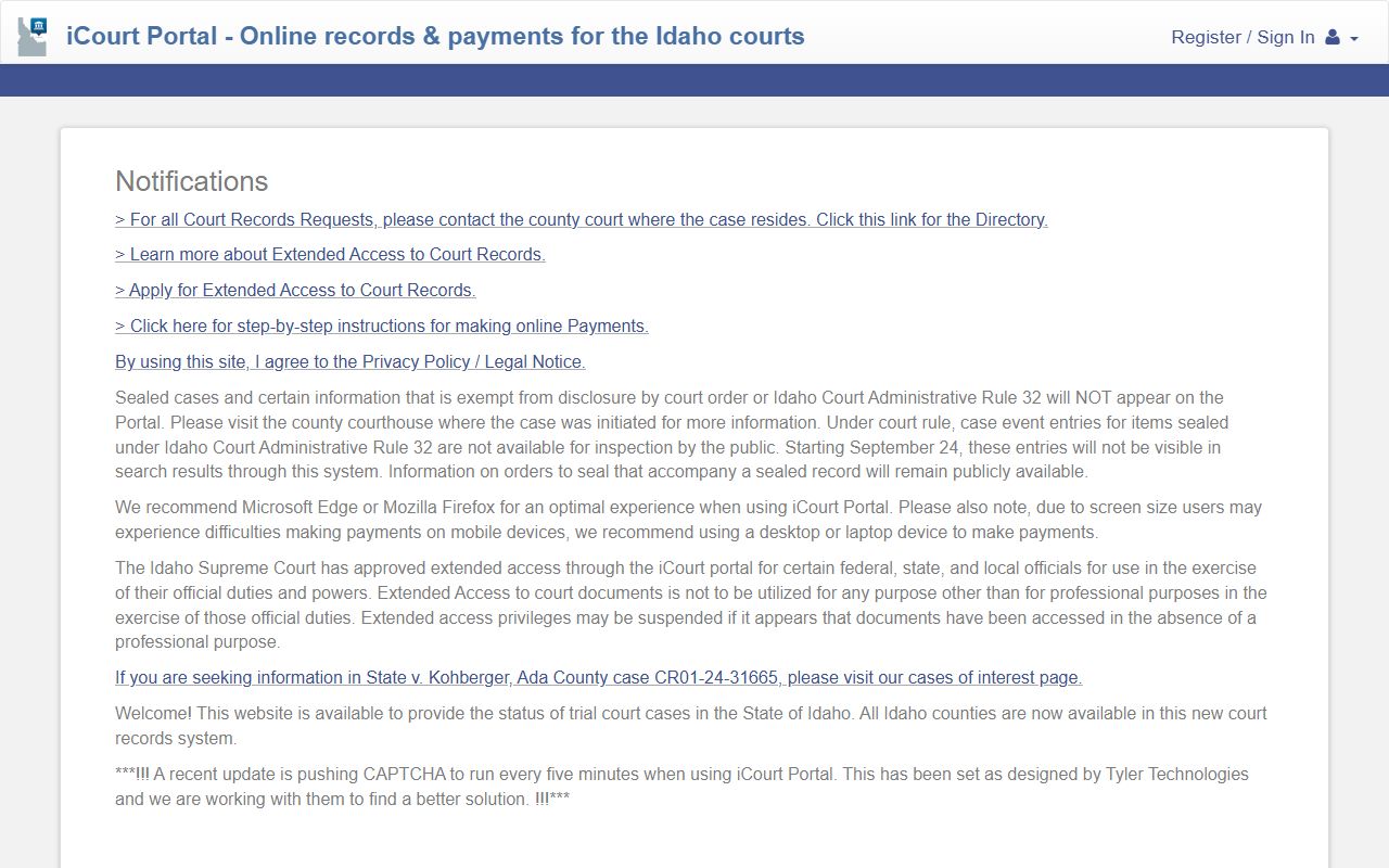 Minidoka County court records after arrest in the Idaho iCourt Portal